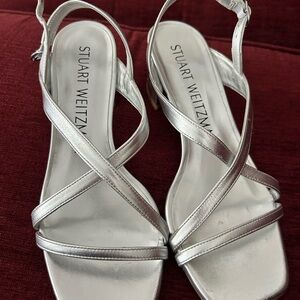 Stuart Weitzman Metallic Silver strappy Sandals with block heels size 7